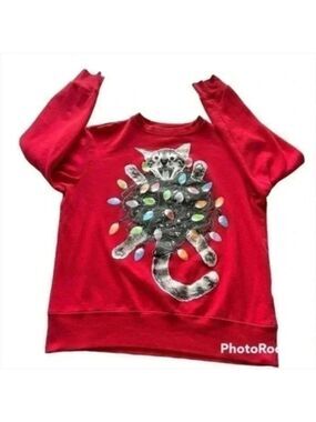Mad Engine Women’s Christmas Tangled Cat Lights Ugly Xmas Sweatshirt Red…